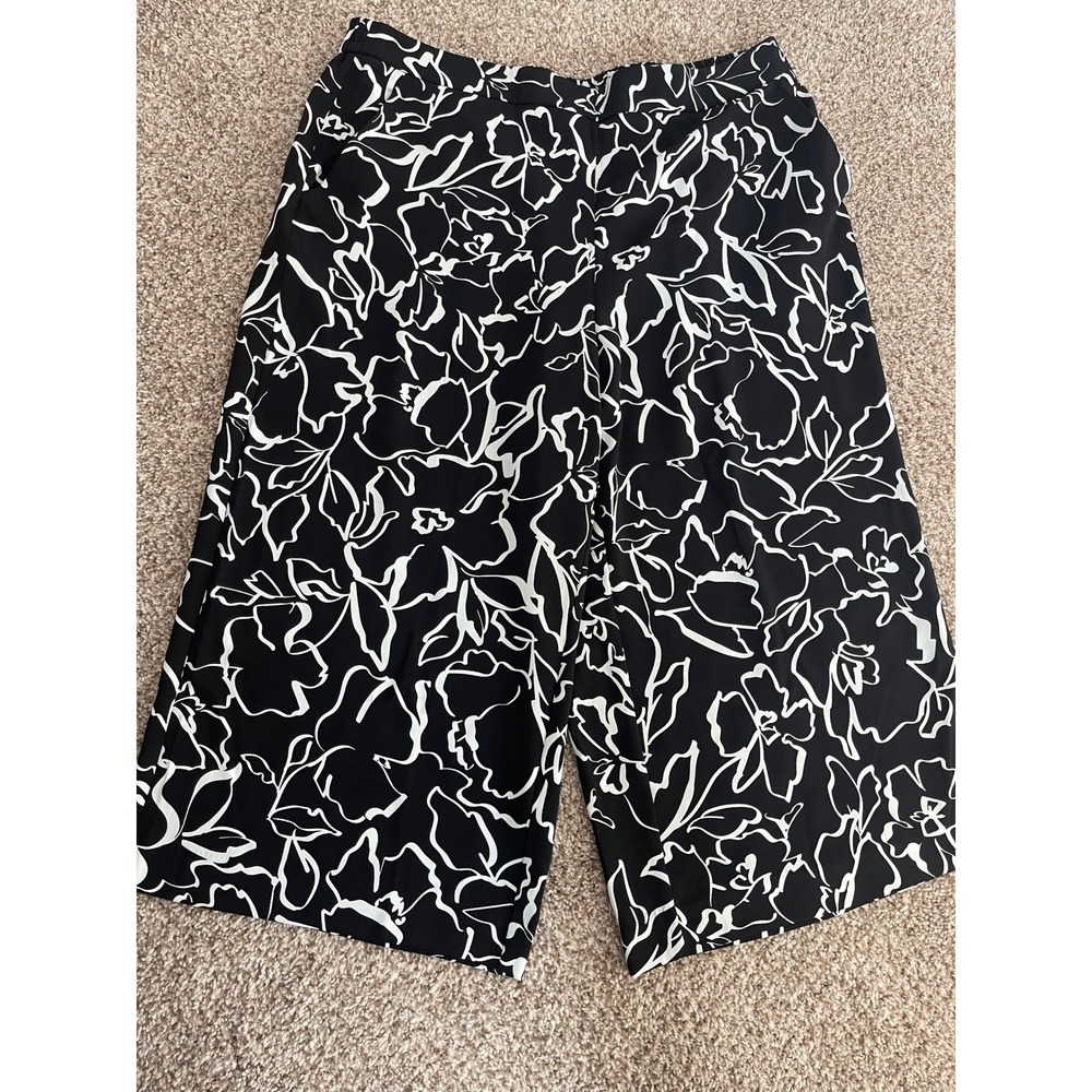Nine West Womens 1X Wide Leg High-Rise Floral Pants Black White Elastic Waist